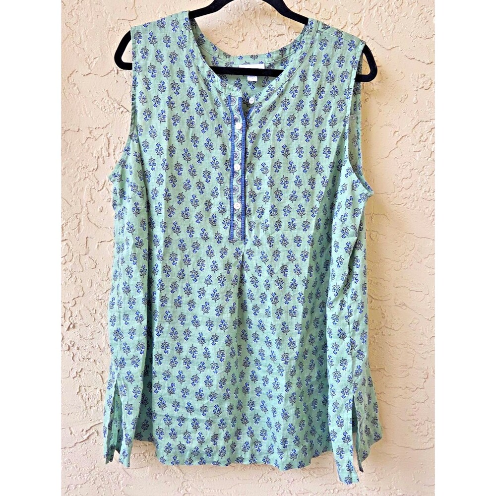 PURE JILL Green Floral 100% Linen Henley Tunic Top 2X PLUS Popover Sleeveless - Picture 2 of 6